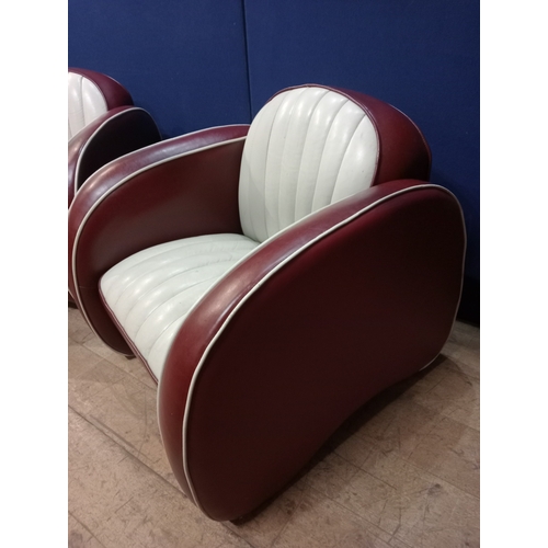 363 - A PAIR OF RETRO RED AND WHITE RIBBED TUB SHAPED ARMCHAIRS the rectangular arched backs with shaped a... 