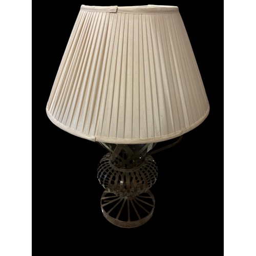 374 - A CONTINENTAL BRONZED COLOUR OPEN WORK URN SHAPED TABLE LAMP with scroll arms and pleated shade 76cm... 