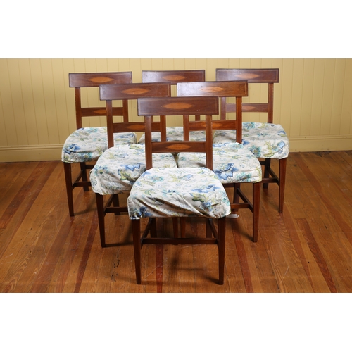 384 - A SET OF SIX 19TH CENTURY SHERATON STYLE MAHOGANY AND SATINWOOD INLAID DINING CHAIRS each with a cur... 