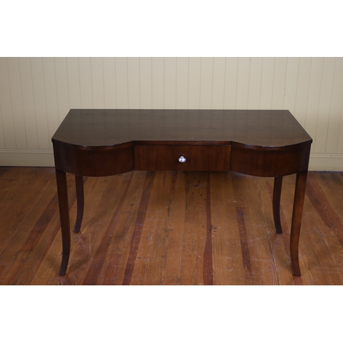 388 - A STAINED WOOD SIDE TABLE of rectangular bowed outline the shaped top with frieze drawer on sabre le... 