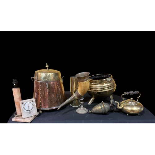 411 - A MISCELLANEOUS COLLECTION to include a copper and brass lidded fuel bin, a brass kettle, an onyx ta... 