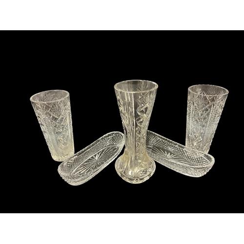 482 - A PAIR OF WATERFORD CUT GLASS BOAT SHAPED DISHES, a pair of Waterford cut glass vases, etc. (5)