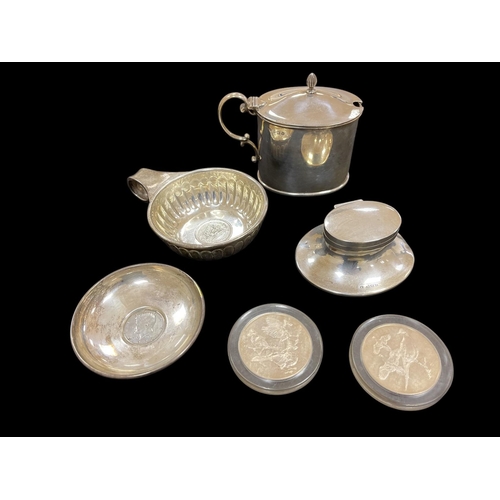 525 - A COLLECTION OF SILVER to include a silver lidded inkwell, a large silver mustard pot with bristol g... 