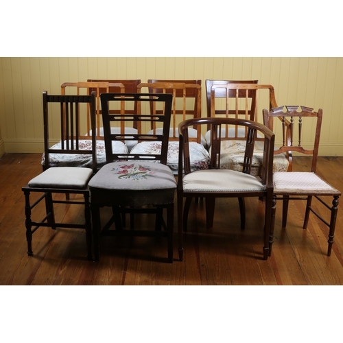 616 - A SET OF THREE GEORGIAN MAHOGANY INLAID DINING CHAIRS, A SET OF THREE 19TH CENTURY STAINED BEECHWOOD... 