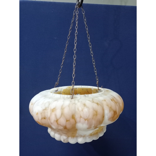 634 - A VINTAGE OPALINE AND TOPAZ GLAZED HANGING SHADE with link chain suspension 50cm drop x 30cm (d)