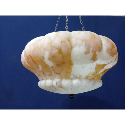 634 - A VINTAGE OPALINE AND TOPAZ GLAZED HANGING SHADE with link chain suspension 50cm drop x 30cm (d)