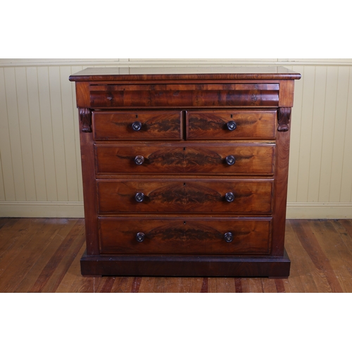 7 - A 19TH CENTURY MAHOGANY CHEST of rectangular outline the shaped top above one long, two short and th... 