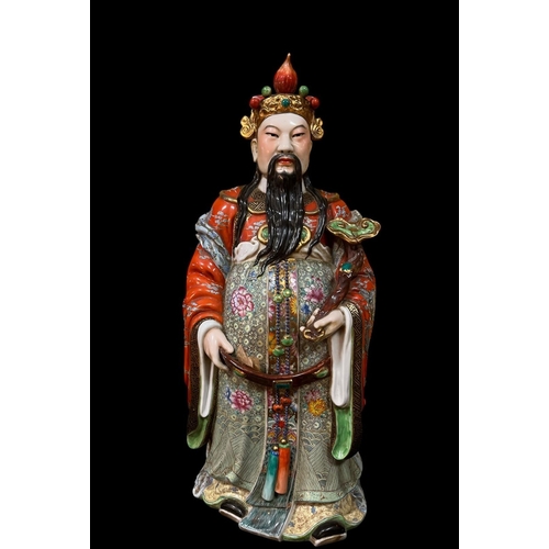 114 - A CHINESE PORCELAIN FIGURE modelled as a Chinese God of Prosperity and Wealth 64cm (h)