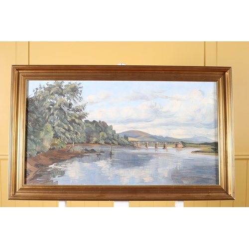 128 - STANLEY PETTIGREW Riverscape with Bridge Oil on board Signed lower left 41cm (h) x 78cm (w)