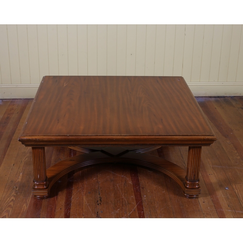 13 - A REGENCY DESIGN CHERRYWOOD COFFEE TABLE the square moulded top on reeded legs with bun feet joined ... 