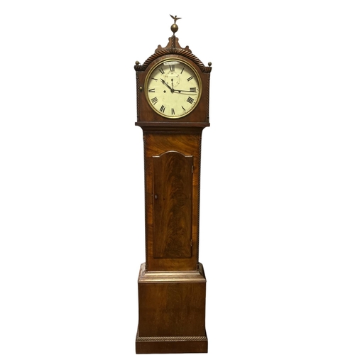 14 - A 19TH CENTURY MAHOGANY LONG CASED CLOCK the white painted dial with Roman numerals within a gadroon... 