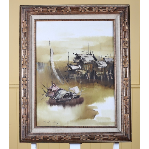 150 - CHINESE SCHOOL Junk Boat Seascape Oil on canvas  Indistinctly signed lower left 60cm (h) x 42cm (w)