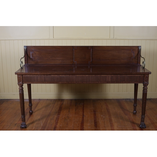 167 - A REGENCY MAHOGANY CONSOLE TABLE of rectangular outline the moulded back with brass scroll arms abov... 