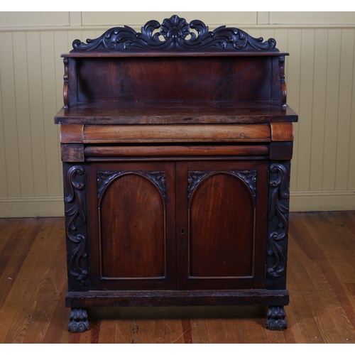 173 - A VICTORIAN CARVED MAHOGANY SIDE CABINET the superstructure with open shelf and foliate carved back ... 