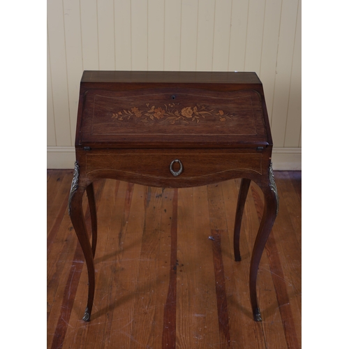 19 - A 19TH CENTURY KINGWOOD AND MARQUETRY BUREAU the hinged writing slope with tooled leather writing su... 