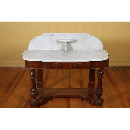 202 - A 19TH CENTURY MAHOGANY WASHSTAND of rectangular breakfront outline surmounted by a white veined mar... 