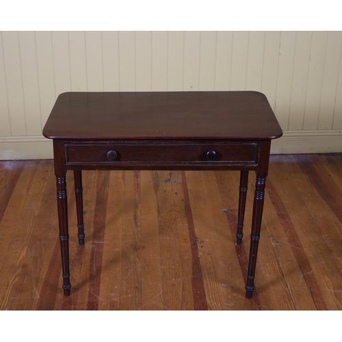 22 - A 19TH CENTURY MAHOGANY OCCASIONAL TABLE the rectangular top with rounded cornice and frieze drawer ... 