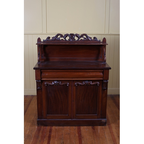 224 - A VICTORIAN MAHOGANY SIDE CABINET the superstructure with moulded shelf and pierced C-scroll gallery... 