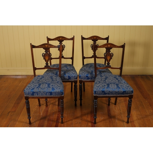 227 - A SET OF FOUR EDWARDIAN ROSEWOOD AND MARQUETRY DINING CHAIRS each with an urn shaped splat with upho... 