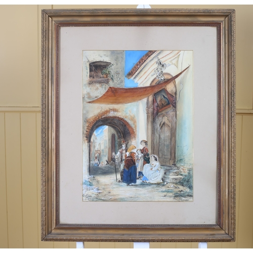 290 - LATE 19TH CENTURY Street Scene with Figures Watercolour 58cm (h) x 39cm (w)