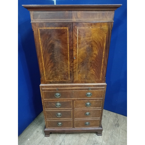 343 - A MID CENTURY MAHOGANY AND KINGWOOD INLAID COCKTAIL CABINET of rectangular outline the moulded corni... 