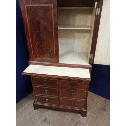 343 - A MID CENTURY MAHOGANY AND KINGWOOD INLAID COCKTAIL CABINET of rectangular outline the moulded corni... 