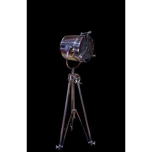 491 - A MARINE NAUTICAL INDUSTRIAL SPOTLIGHT FLOOR STANDARD LAMP on folding telescopic tripod support 175c... 