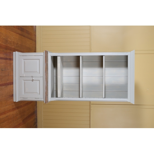571 - A PINE AND GREY PAINTED OPEN FRONT BOOK SHELF the moulded cornice above five open shelves, four adju... 