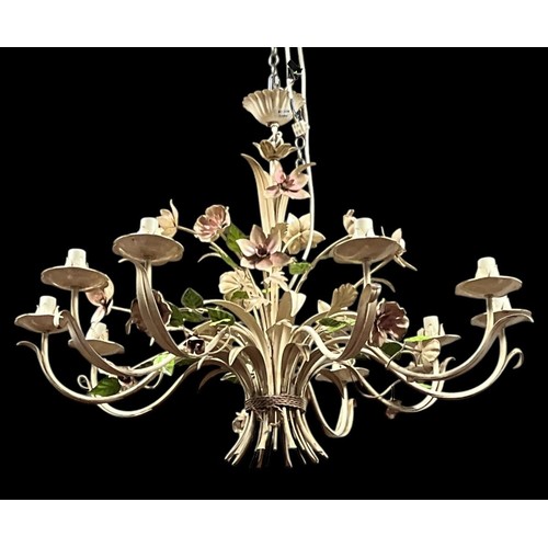 640 - A TEN BRANCH WROUGHT IRON CHANDELIER DECORATED WITH FLORAL DECORATION 65CM (drop)