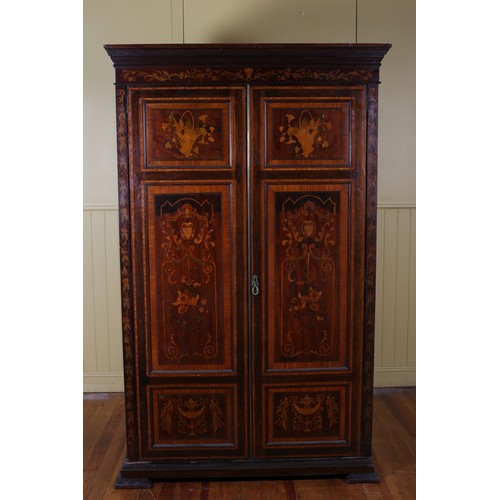 16 - A FINE 19TH CENTURY MAHOGANY AND MARQUETRY INLAID WARDROBE bears label 'Strahan & Co. Ltd Dublin' th... 