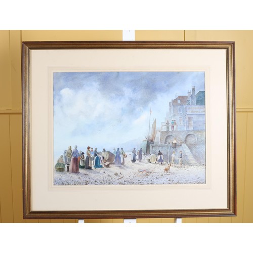 157 - EDWARD EMERSON Harbour Scene with Figures and Sailing Boat Watercolour Signed lower right 56cm (h) x... 