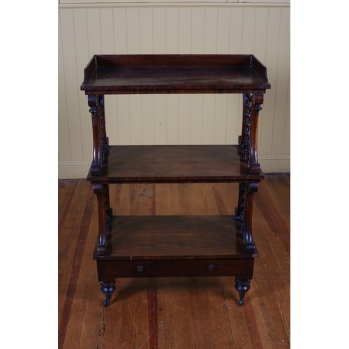 172 - A 19TH CENTURY ROSEWOOD OPEN FRONT SHELF of rectangular outline with moulded three quarter gallery a... 