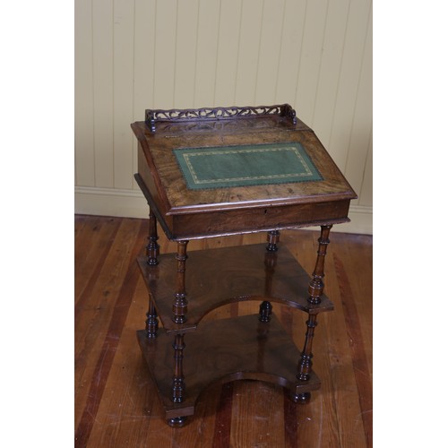 199 - A 19TH CENTURY WALNUT DAVENPORT with pierced three quarter gallery above a tooled leather hinged wri... 