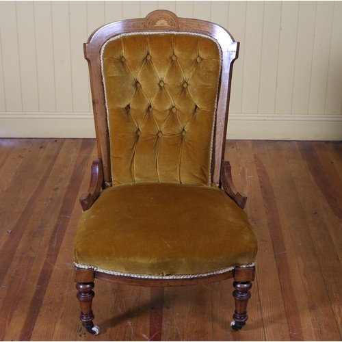 208 - AN EDWARDIAN MAHOGANY WALNUT AND SATINWOOD INLAID OCCASIONAL CHAIR with deep buttoned upholstered ba... 