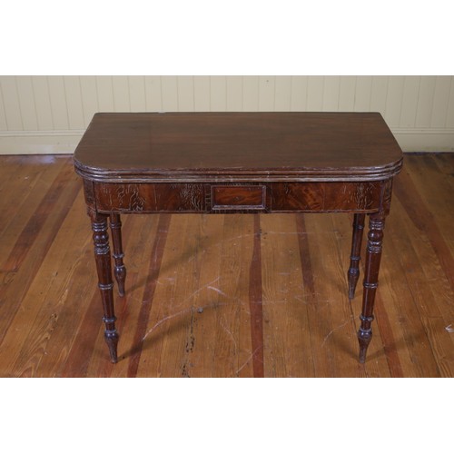 212 - A 19TH CENTURY MAHOGANY FOLDOVER SUPPER TABLE the rectangular hinged top above a moulded apron on ri... 