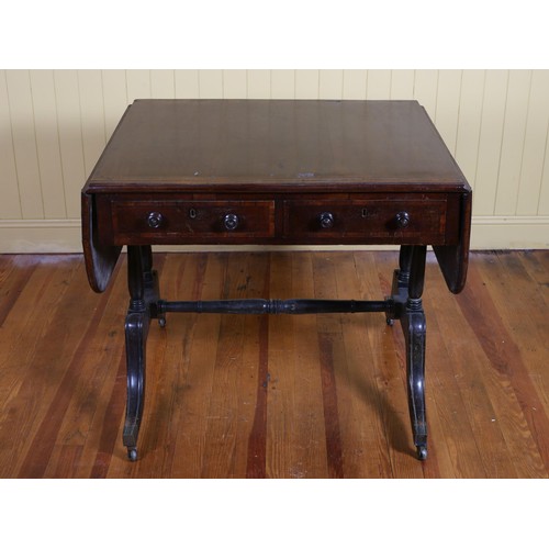 239 - A GEORGIAN MAHOGANY ROSEWOOD CROSSBANDED AND BRASS INLAID SOFA TABLE the rectangular hinged top with... 