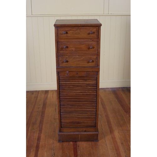 344 - A STAINED BEECHWOOD TALL BOY of rectangular outline the shaped top above three long drawers with tam... 