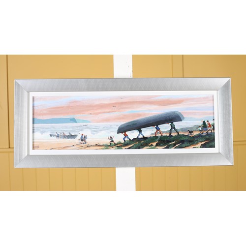 471 - CUPAR PILSON Launching the Currachs Aran Oil on board 15cm (h) x 56cm (w)