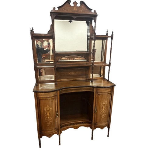 59 - AN EDWARDIAN ROSEWOOD AND SATINWOOD INLAID SIDE CABINET the superstructure with bevelled glass mirro... 