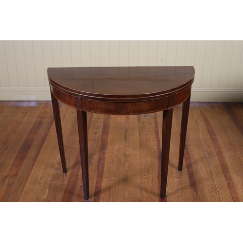 89 - A 19TH CENTURY MAHOGANY AND SATINWOOD INLAID FOLDOVER SUPPER TABLE of demi lune outline the shaped h... 