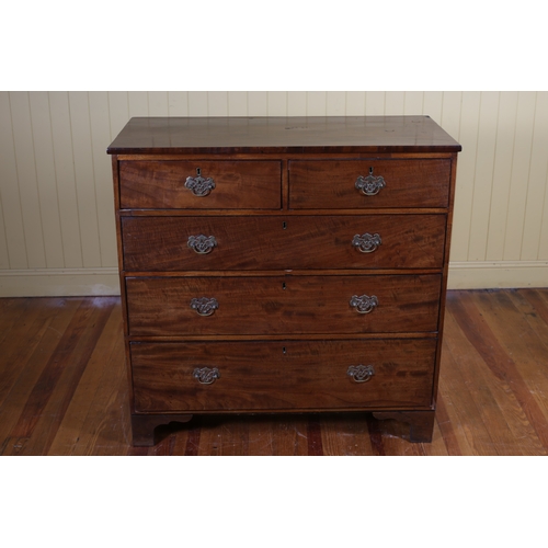 207 - A GEORGIAN MAHOGANY CHEST of two short and three long graduated drawers with brass drop handles on b... 