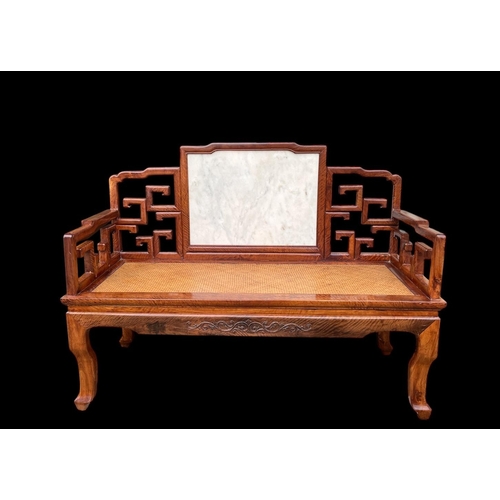 395 - A CHINESE HARDWOOD MARBLE AND BERGERE SEAT the rectangular stepped back centred by a marble panel wi... 