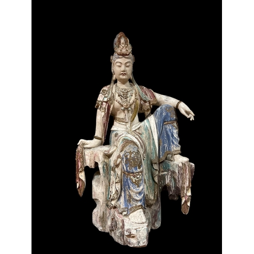 114 - A CHINESE POLYCHROME CARVED WOOD FIGURE of a Bodhisattva 20th Century 120cm (h) x 72cm (w)