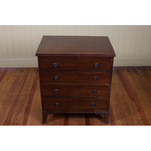 16 - A GEORGIAN STYLE MAHOGANY CHEST of four long graduated drawers with ring handles on splayed bracket ... 