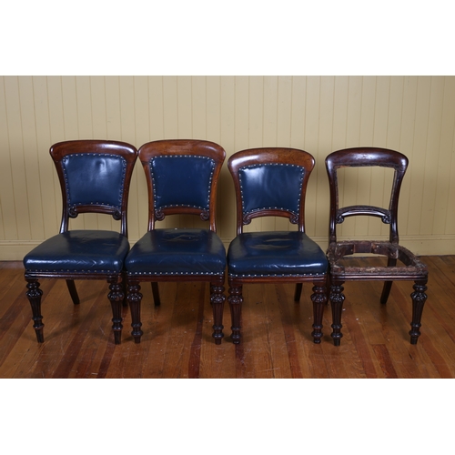 181 - A SET OF FOUR WILLIAM IV MAHOGANY DINING CHAIRS each with a curved top rail with upholstered panel a... 