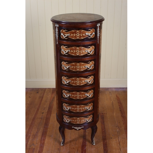 22 - A CONTINENTAL WALNUT MARQUETRY AND GILT BRASS MOUNTED TALLBOY of cylindrical outline the shaped top ... 