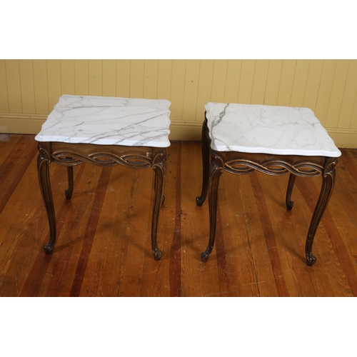 224 - A PAIR OF CONTINENTAL STAINED WOOD AND GILT LAMP TABLES each of serpentine outline surmounted by a w... 