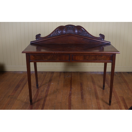 228 - A 19TH CENTURY MAHOGANY SIDE TABLE of rectangular outline with carved and moulded back above a panel... 