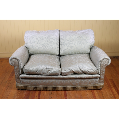 24 - A VICTORIAN STYLE TWO SEATER SETTEE with down filled loose cushions and scroll over arms 160cm (w)