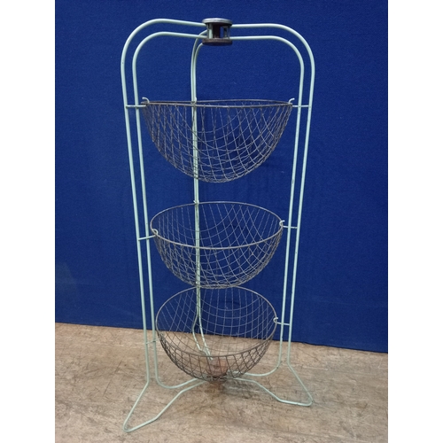 240 - A VINTAGE WIREWORK THREE TIER VEGETABLE RACK with openwork frame 78cm (h) x 30cm (d)